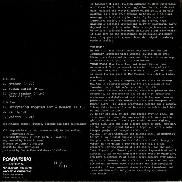 Joe McPhee : Everything Happens For A Reason (LP, Ltd)