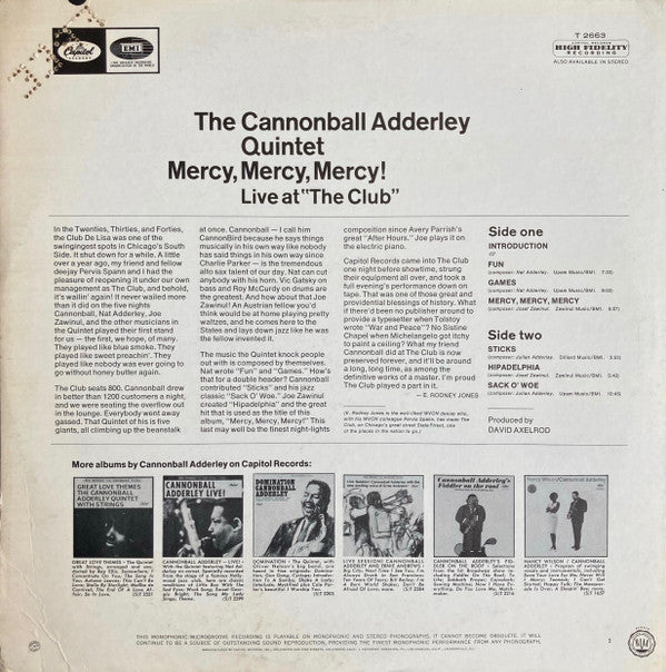 The Cannonball Adderley Quintet : Mercy, Mercy, Mercy! - Live At "The Club" (LP, Album, Mono, Scr)