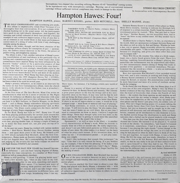 Hampton Hawes !!!! With Barney Kessel, Shelly Manne & Red Mitchell : Four! (LP, Album, RE, 180)