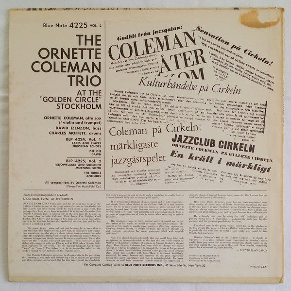 The Ornette Coleman Trio : At The "Golden Circle" Stockholm - Volume Two (LP, Album, Mono)
