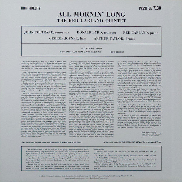 The Red Garland Quintet : All Mornin' Long (LP, Album, Mono, Ltd, RE, RP, 180)