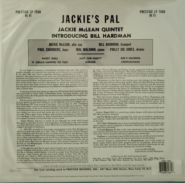 Jackie McLean Quintet Introducing Bill Hardman : Jackie's Pal (LP, Album, Mono, RE, RP, 200)