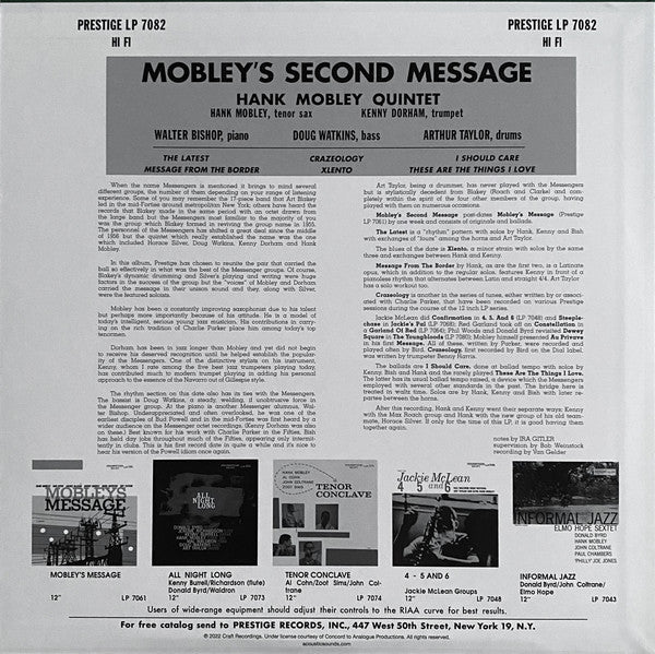 The Hank Mobley Quintet : Mobley's 2nd Message (LP, Album, Mono, Ltd, RE, RP, 180)