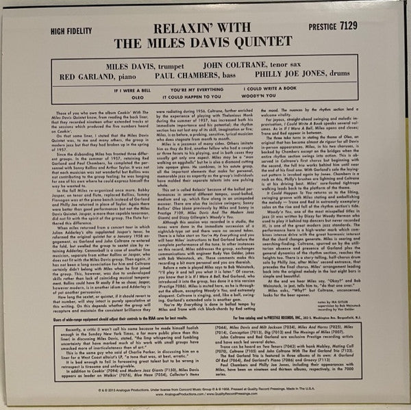 The Miles Davis Quintet : Relaxin' With The Miles Davis Quintet (LP, Album, Mono, Ltd, RE, RP, 180)