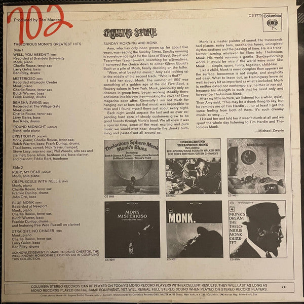 Thelonious Monk : Monk's Greatest Hits (LP, Comp, RE)