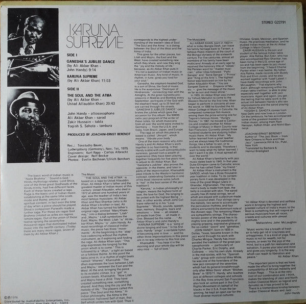John Handy + Ali Akbar Khan : Karuna Supreme (LP, Album)