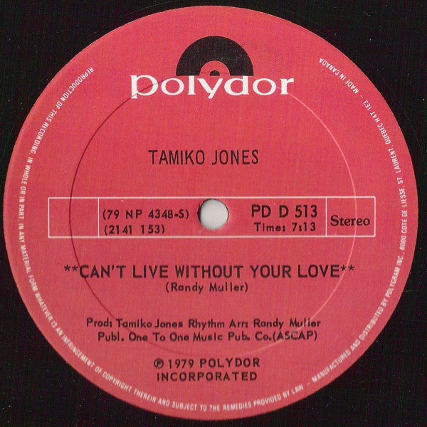 Tamiko Jones : Can't Live Without Your Love (12")