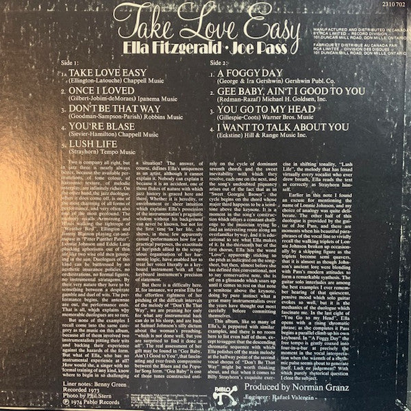 Ella Fitzgerald · Joe Pass : Take Love Easy (LP, Album)