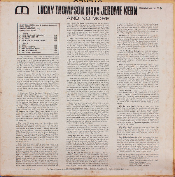 Lucky Thompson : Plays Jerome Kern And No More (LP, Album, Mono)