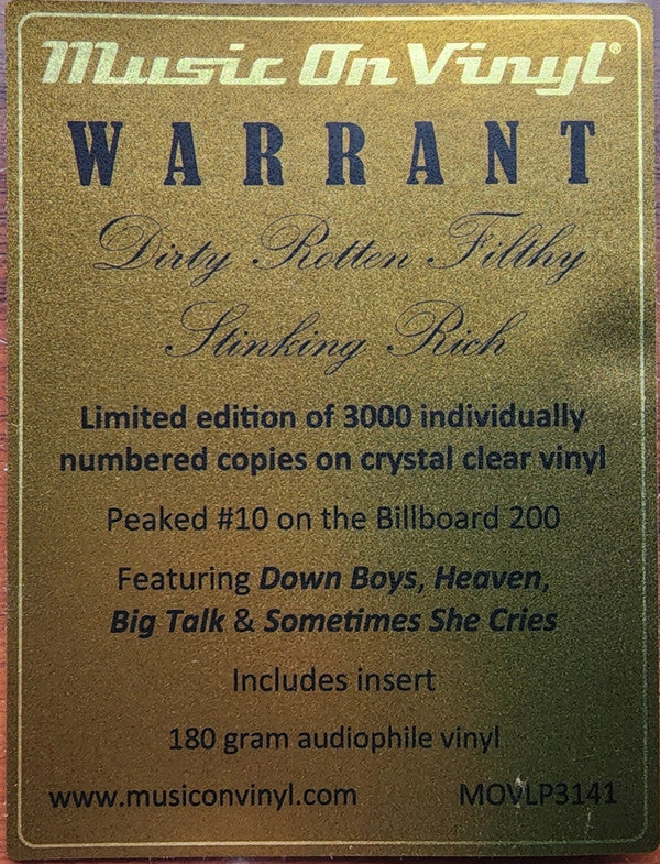 Warrant : Dirty Rotten Filthy Stinking Rich  (LP, Album, Ltd, Num, Cle)