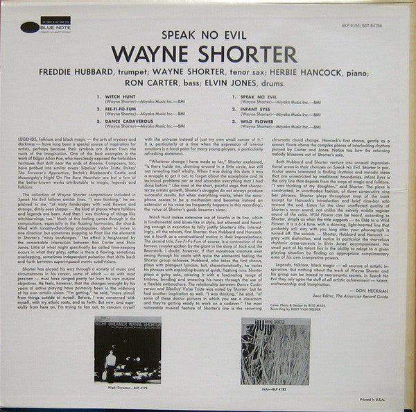 Wayne Shorter : Speak No Evil (LP, Album, RE, RM, RP)