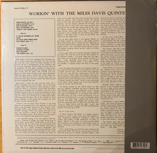 The Miles Davis Quintet : Workin’ With The Miles Davis Quintet (LP, Album, Mono, RE, 180)