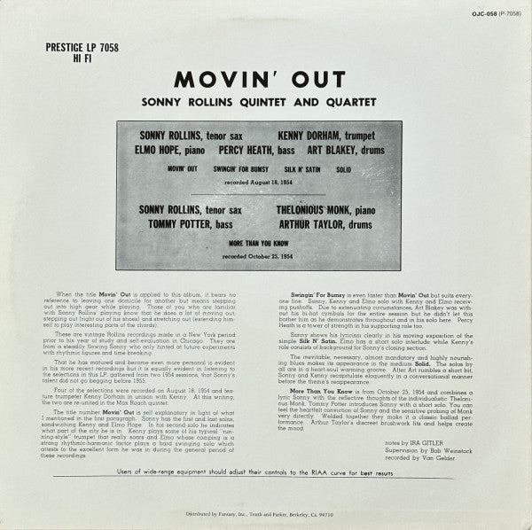 Sonny Rollins : Moving Out (LP, Album, RE, Pit)