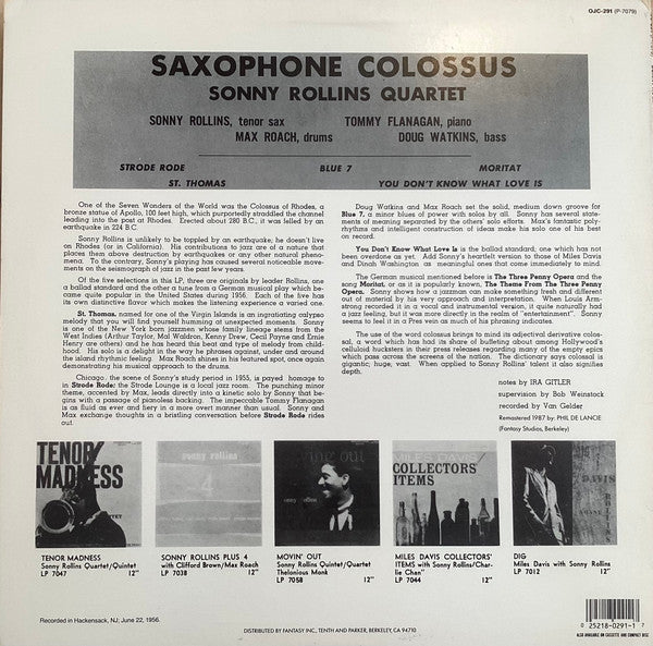 Sonny Rollins : Saxophone Colossus (LP, Album, Mono, RE, RM)