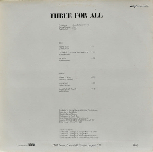 Phil Woods / Tommy Flanagan / Red Mitchell : Three For All (LP, Album)