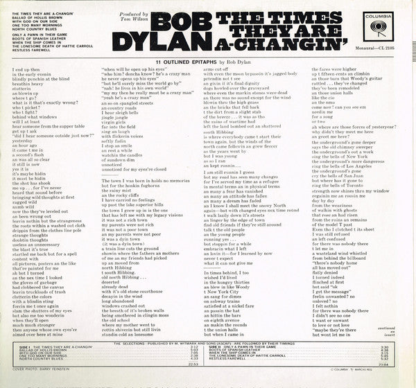 Bob Dylan : The Times They Are A-Changin' (LP, Album, Mono)