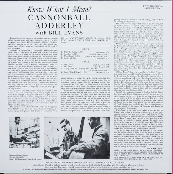 Cannonball Adderley With Bill Evans : Know What I Mean? (LP, Album, RE, 180)