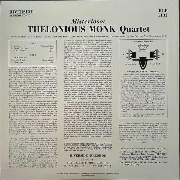 The Thelonious Monk Quartet : Misterioso (LP, Album, RE, 180)
