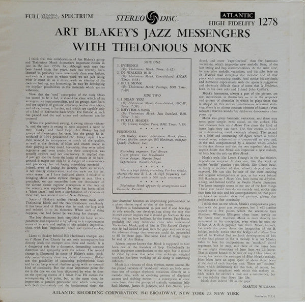 Art Blakey & The Jazz Messengers With Thelonious Monk : Art Blakey's Jazz Messengers With Thelonious Monk (LP, Album, Mono, RE, RP)