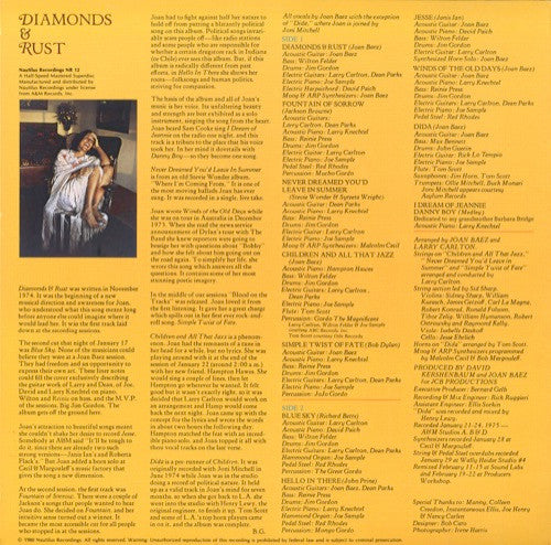 Joan Baez : Diamonds & Rust (LP, Album, RE)