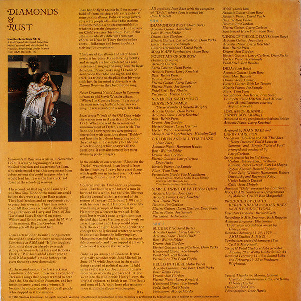 Joan Baez : Diamonds & Rust (LP, Album, RE)