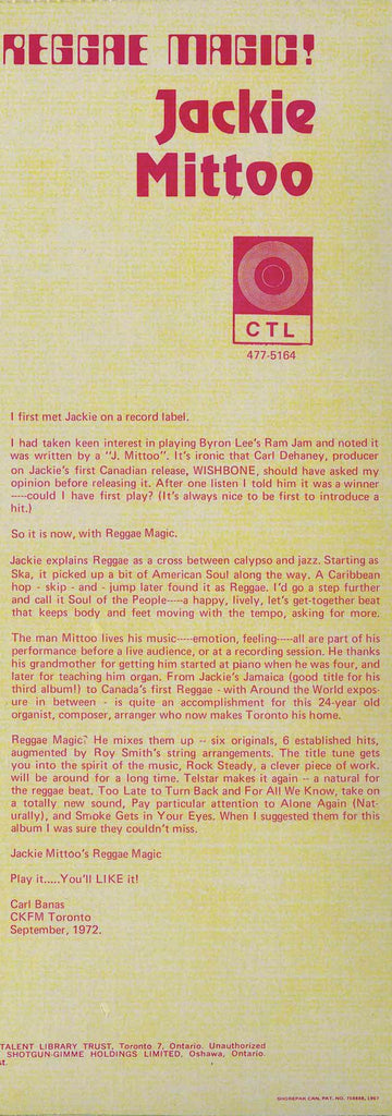 Jackie Mittoo : Reggae Magic! (LP, Album)