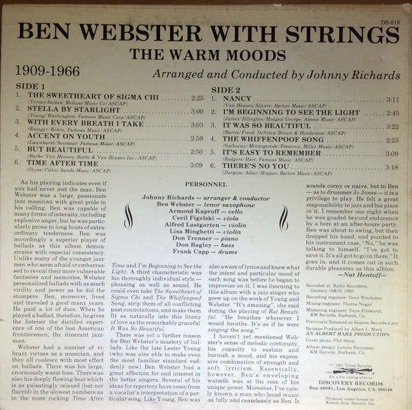 Ben Webster : The Warm Moods (LP, Album, RE)