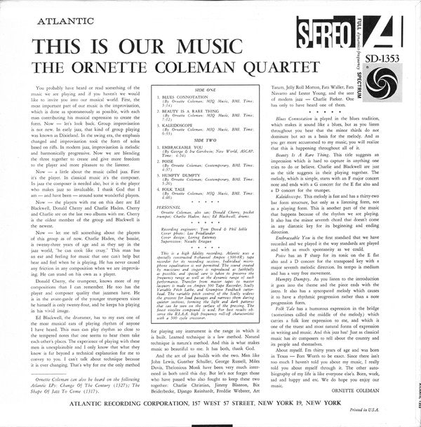 The Ornette Coleman Quartet : This Is Our Music (LP, Album, RE)