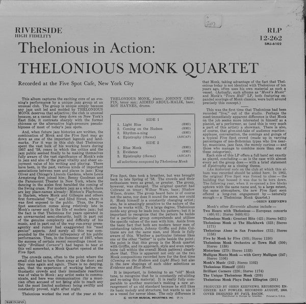 The Thelonious Monk Quartet With Johnny Griffin : Thelonious In Action (LP, Album, RE)