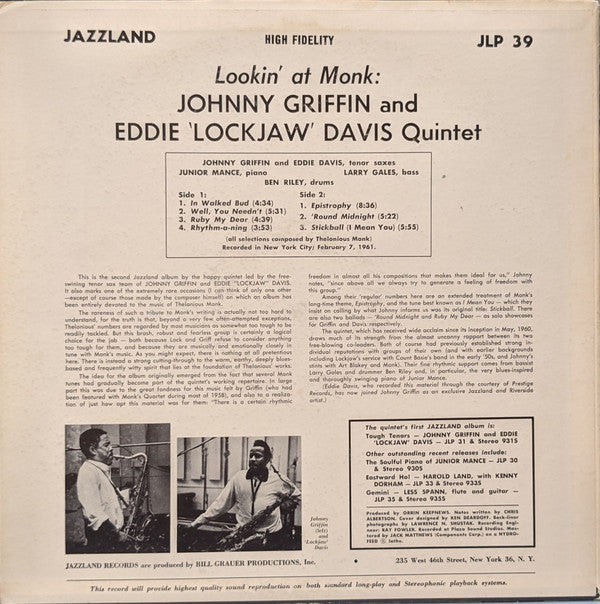 The Eddie Davis-Johnny Griffin Quintet : Lookin' At Monk! (LP, Album, Mono)