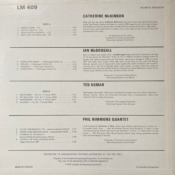 Various : Catherine McKinnon / Ian McDougall / Ted Komar / Phil Nimmons Quartet (LP, Album, Comp)