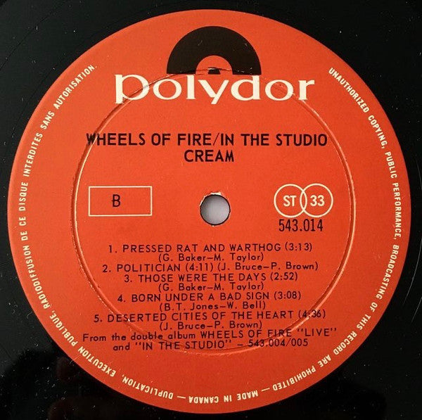 Cream (2) : Wheels Of Fire (In The Studio) (LP, Album)