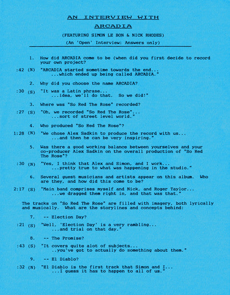 Arcadia (3) : The "Open" Interview (12", Promo)