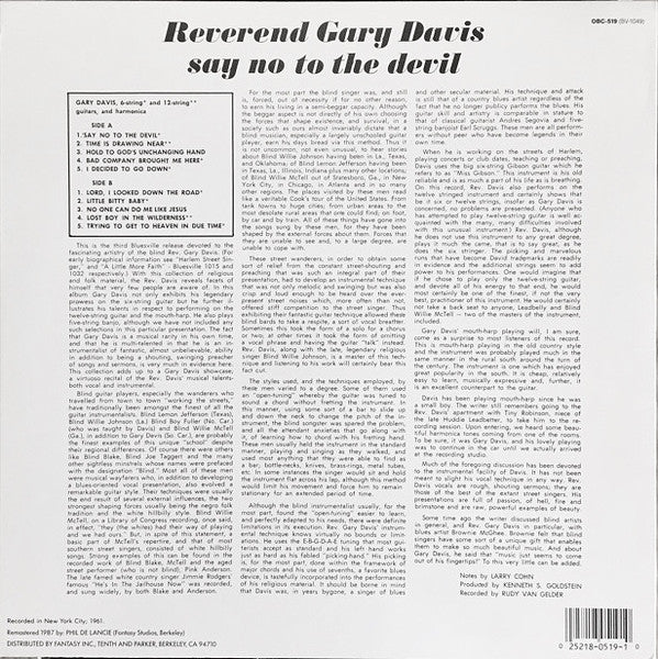 Rev. Gary Davis : Say No To The Devil (LP, Album, RE, RM)