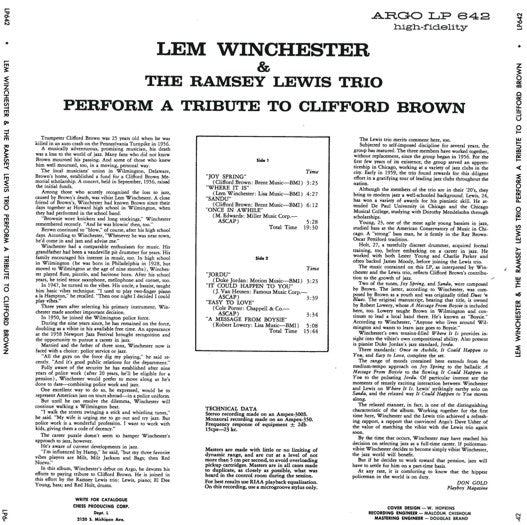 Lem Winchester And The Ramsey Lewis Trio : Perform A Tribute To Clifford Brown (LP, Album, Blu)