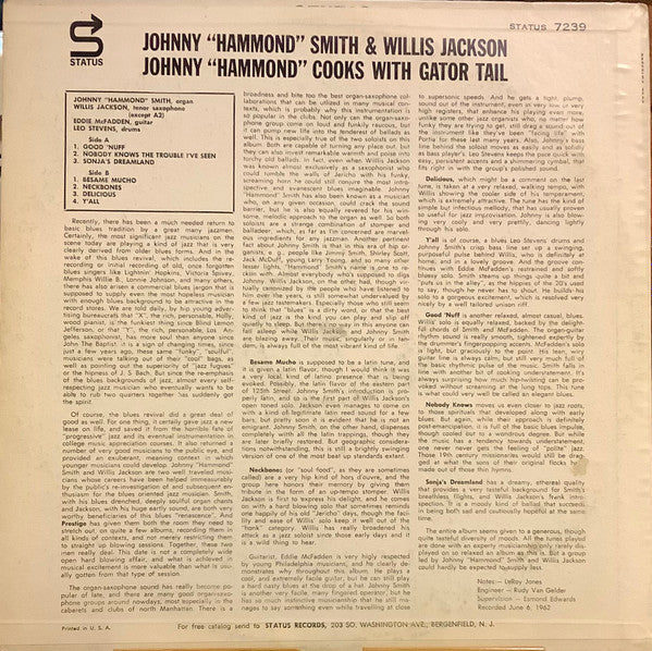 Johnny Hammond & Willis Jackson : Johnny "Hammond" Smith Cooks With Gator Tail (LP, Album, Mono)