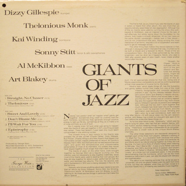 Dizzy Gillespie, Thelonious Monk, Kai Winding, Sonny Stitt, Art Blakey, Al McKibbon : Giants Of Jazz (LP, Album, Promo)