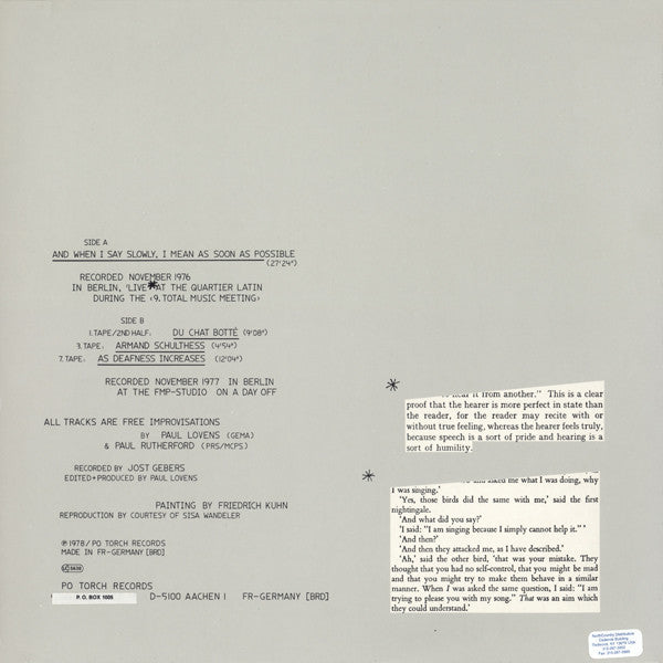 Paul Rutherford (2) / Paul Lovens : Paul Rutherford / Paul Lovens (LP)