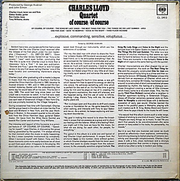The Charles Lloyd Quartet : Of Course, Of Course (LP, Album, Mono)