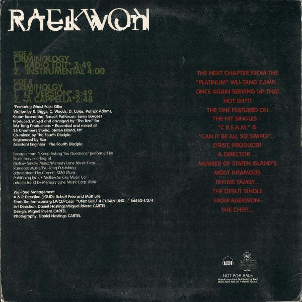 Raekwon Featuring Tony Starks, Ghostface Killah : Criminology (12", Promo)