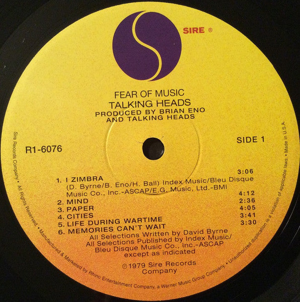 Talking Heads : Fear Of Music (LP, Album, RE, RM, 180)