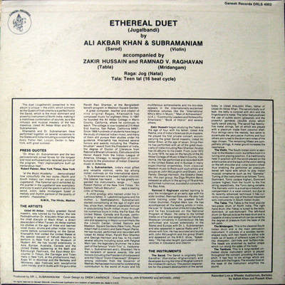 Ali Akbar Khan / L. Subramaniam : Ethereal Duet (LP, Album)
