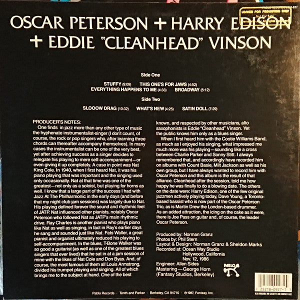 Oscar Peterson + Harry Edison + Eddie "Cleanhead" Vinson : Oscar Peterson + Harry Edison + Eddie "Cleanhead" Vinson (LP, Album)