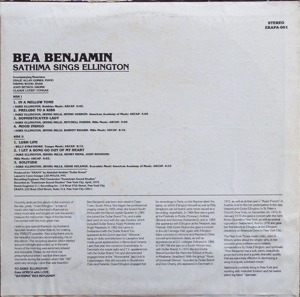 Sathima Bea Benjamin : Sathima Sings Ellington (LP, Album)