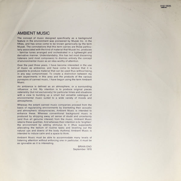 Brian Eno : Ambient 1 (Music For Airports) (LP, Album)