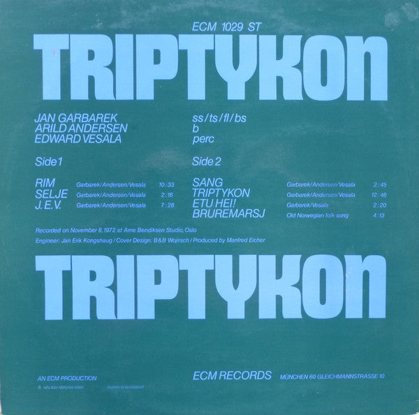 Jan Garbarek / Arild Andersen / Edward Vesala : Triptykon (LP, Album)
