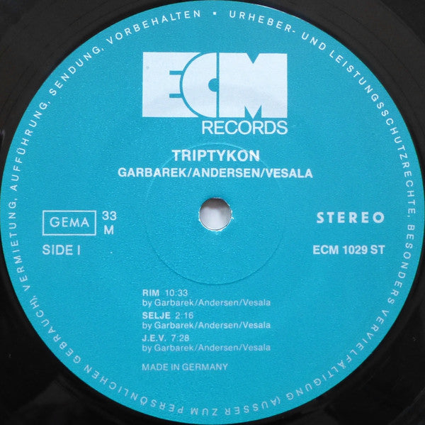 Jan Garbarek / Arild Andersen / Edward Vesala : Triptykon (LP, Album)