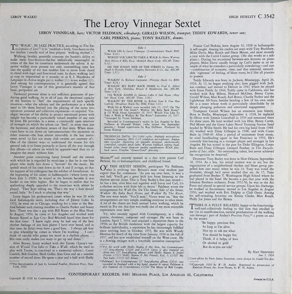 Leroy Vinnegar Sextet : Leroy Walks! (LP, Album, Mono)