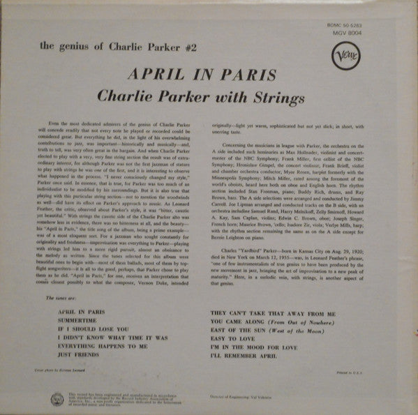 Charlie Parker With Strings : April In Paris (LP, Comp, Mono, RE)