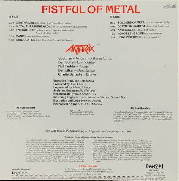 Anthrax : Fistful Of Metal (LP, Album, Bla)